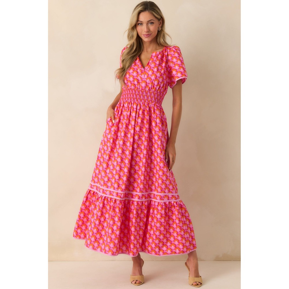 Sugarlips Pink Orange Cotton Printed Smocked Waist Maxi Dress XS